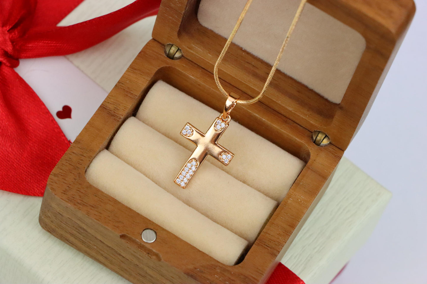 Rose Gold Cross Pendant with Crystal Accents on Polished Surface, XPPT1611 (2148-4)