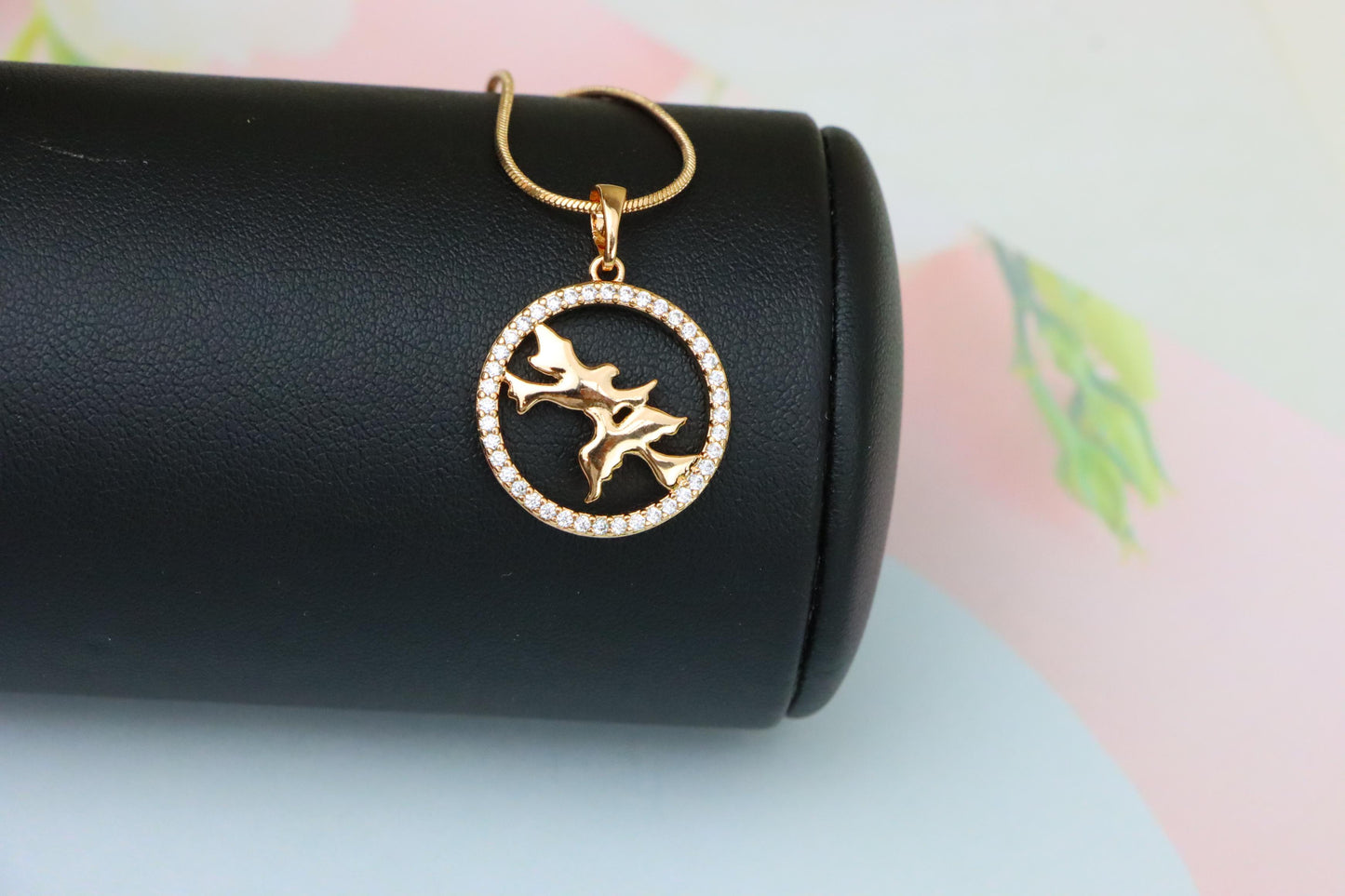 Rose Gold Circle Pendant with Flying Birds and Crystal Border Design, XPPT1612 (2148-5)