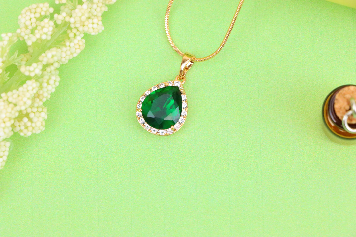 Teardrop Green Pendant with Crystal Border in Rose Gold Finish, XPPT1613 (2148-6)