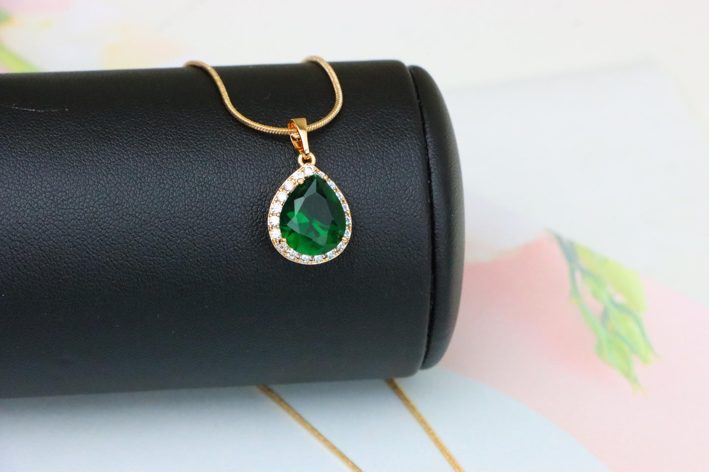 Teardrop Green Pendant with Crystal Border in Rose Gold Finish, XPPT1613 (2148-6)