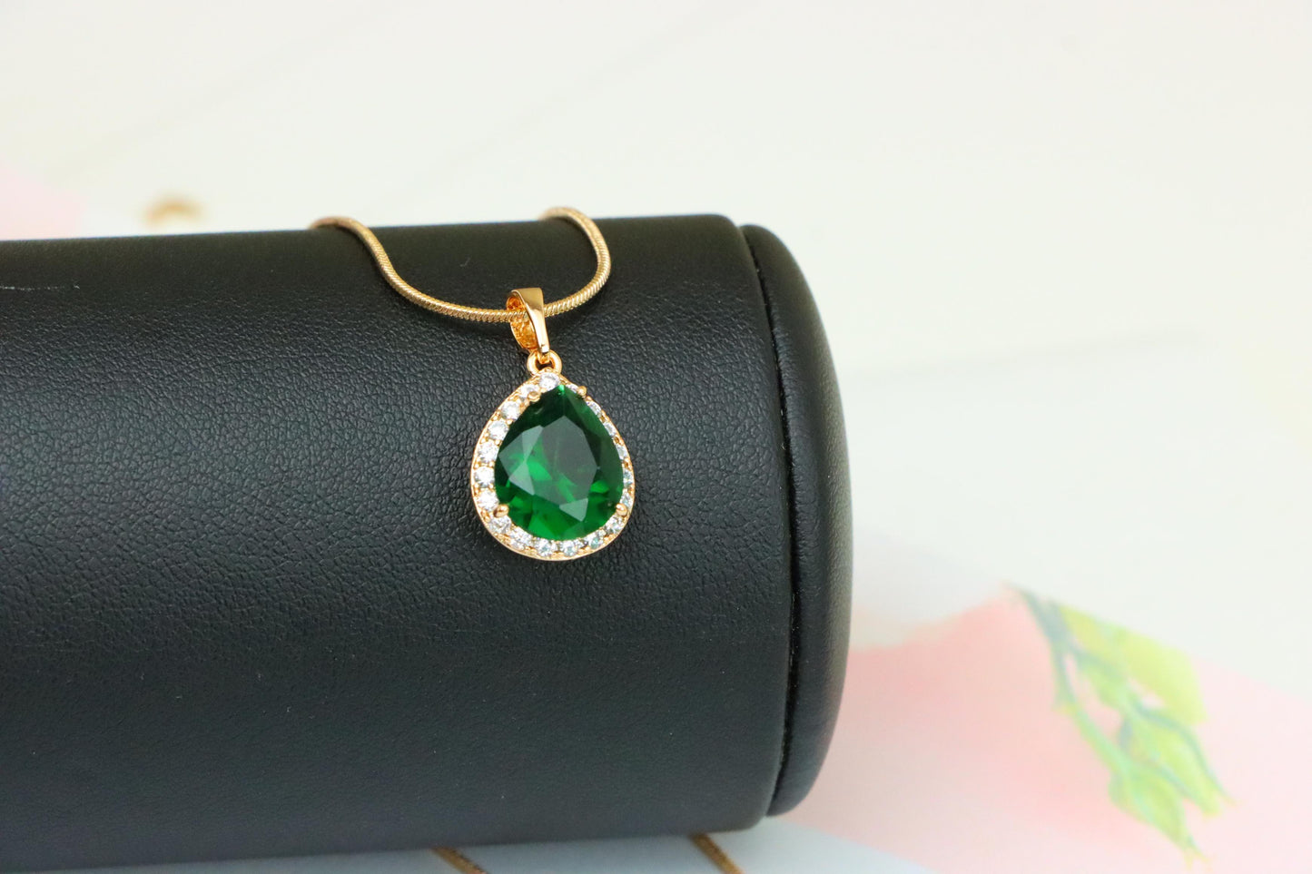 Teardrop Green Pendant with Crystal Border in Rose Gold Finish, XPPT1613 (2148-6)