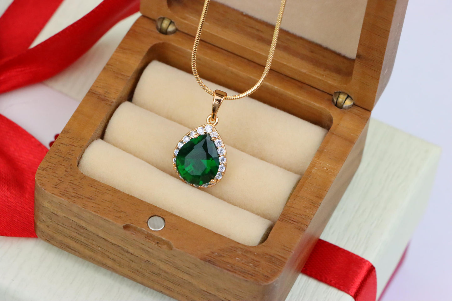 Teardrop Green Pendant with Crystal Border in Rose Gold Finish, XPPT1613 (2148-6)