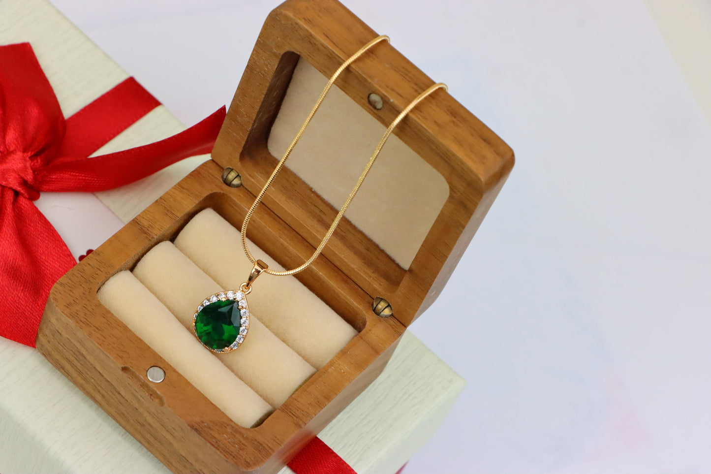 Teardrop Green Pendant with Crystal Border in Rose Gold Finish, XPPT1613 (2148-6)