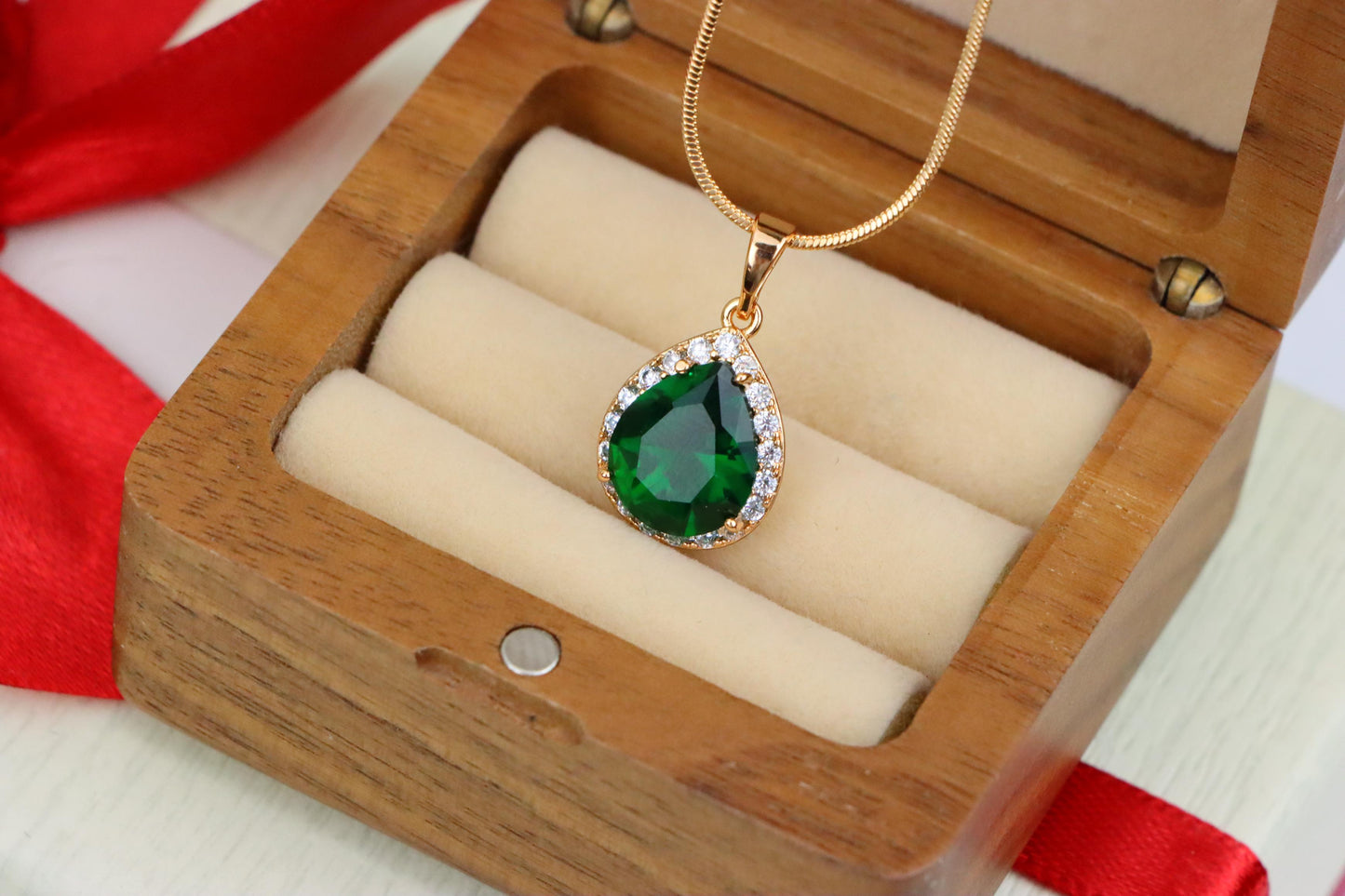 Teardrop Green Pendant with Crystal Border in Rose Gold Finish, XPPT1613 (2148-6)