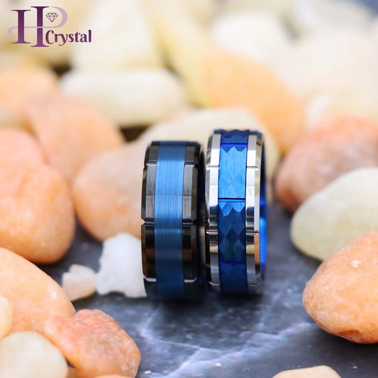 Brushed Center & Shiny Edges Black & Blue IP Plated/High Polished Beveled Edge with Notches & Black IP Plated Hammered Tungsten Ring