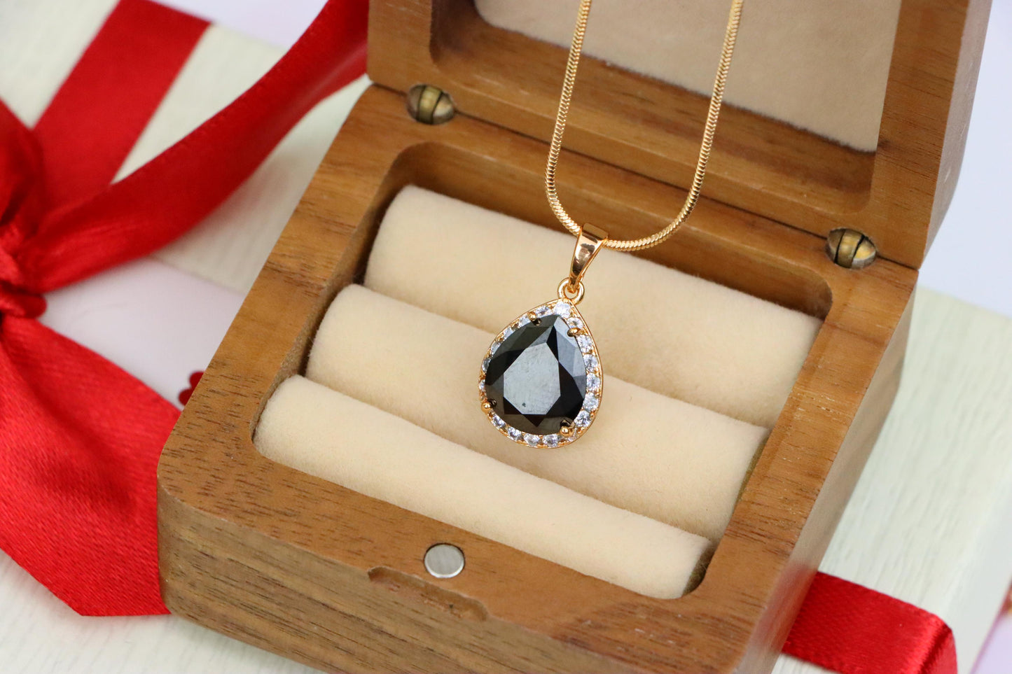 Teardrop Black Pendant with White Crystal Border in Rose Gold Finish, XPPT1614 (2148-6)