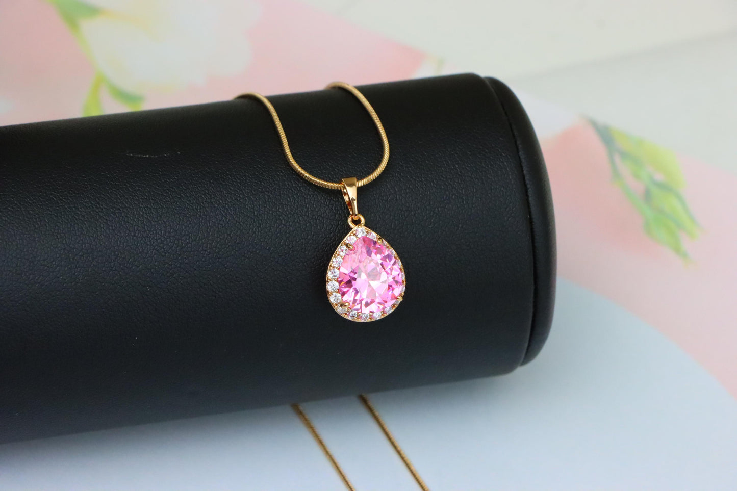 Teardrop Pink Pendant with White Crystal Halo in Rose Gold Setting, XPPT1616 (2148-6)
