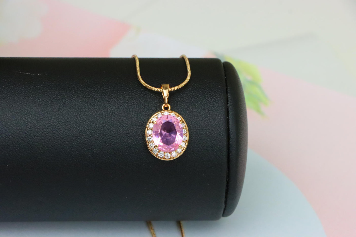 Oval Pink Pendant with Crystal Accents in Rose Gold-Plated Setting, XPPT1620 (2148-8)