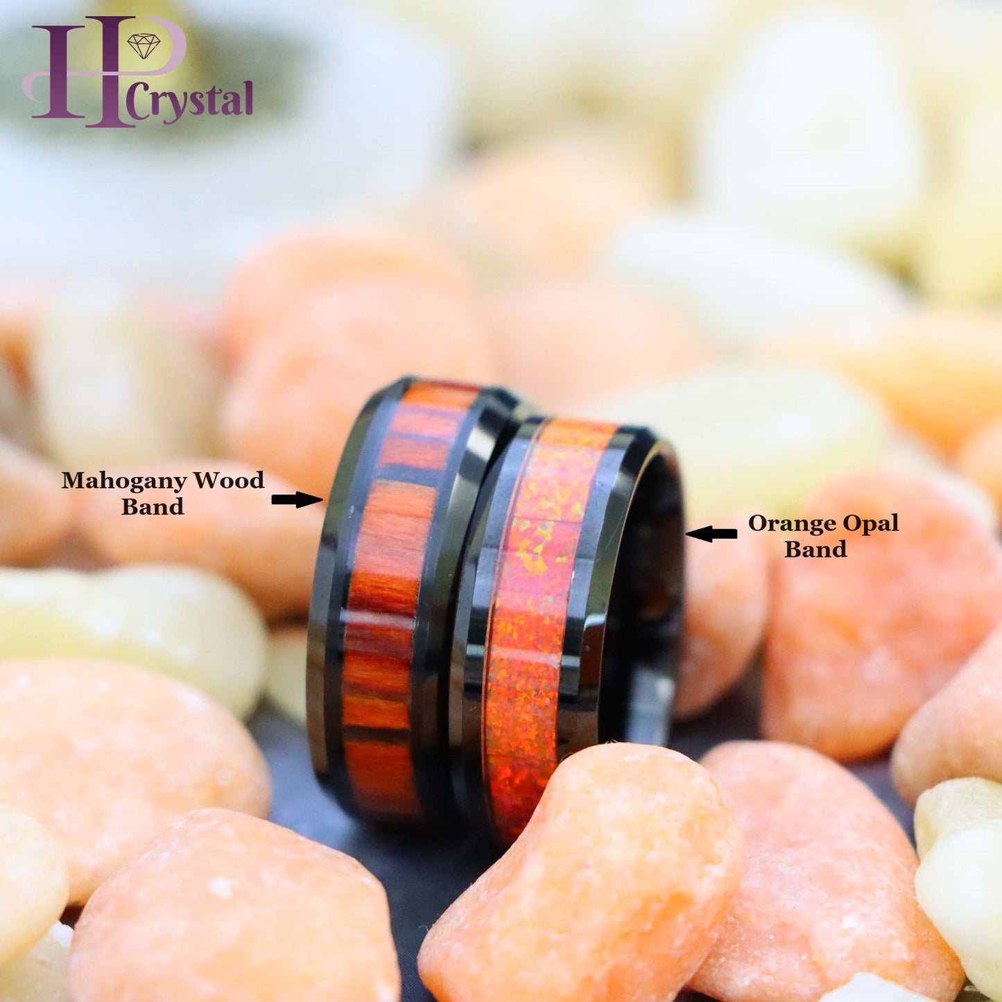 Black IP Plated Tungsten Ring with Synthetic Orange Opal/Dark Mahogany Wood Inlay