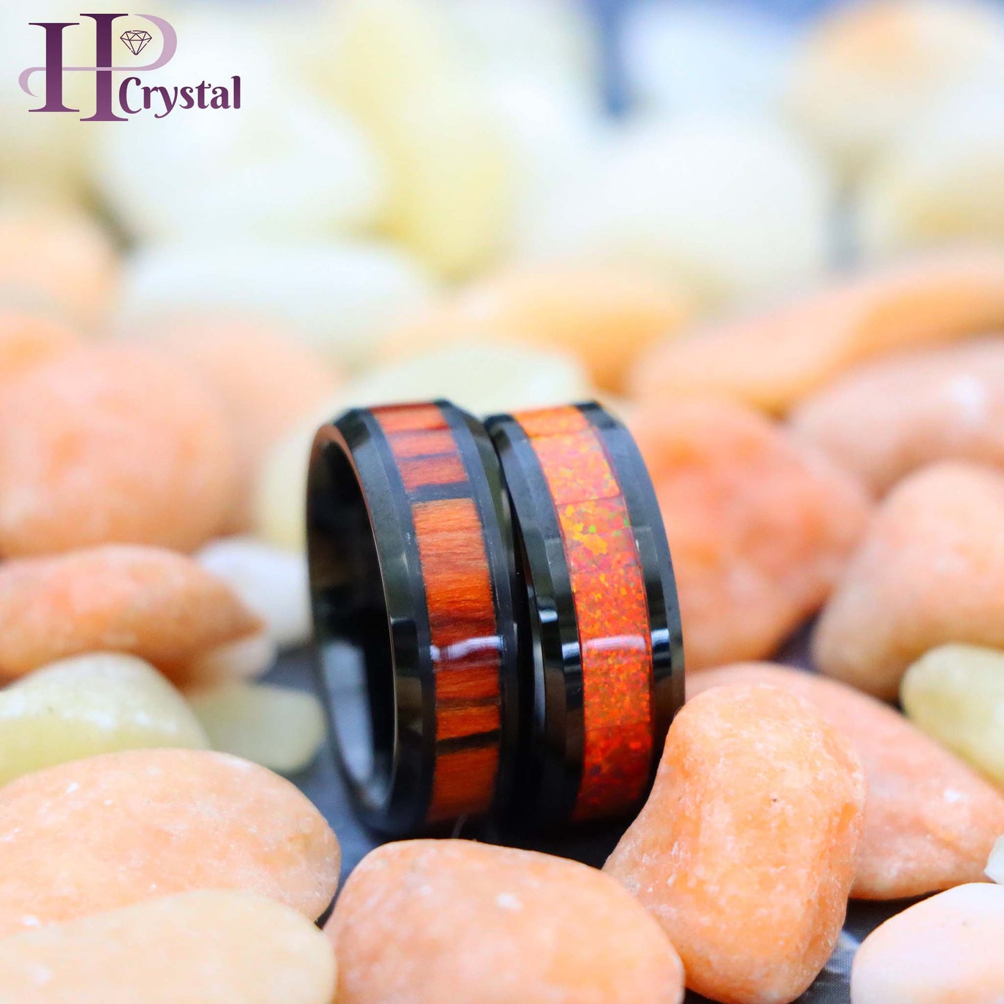 Black IP Plated Tungsten Ring with Synthetic Orange Opal/Dark Mahogany Wood Inlay