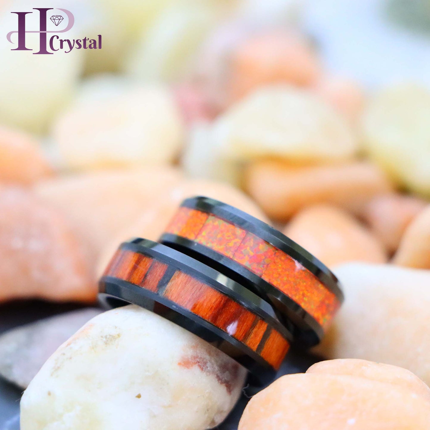 Black IP Plated Tungsten Ring with Synthetic Orange Opal/Dark Mahogany Wood Inlay