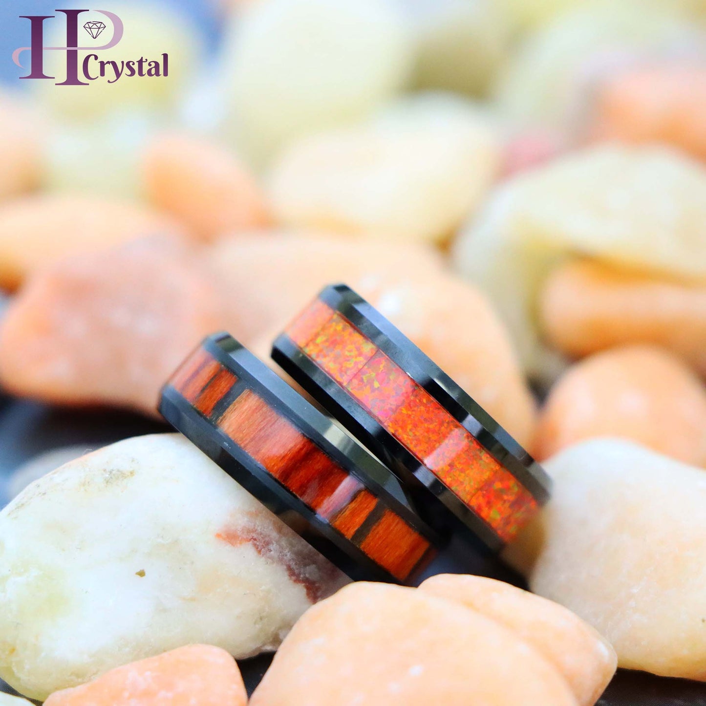 Black IP Plated Tungsten Ring with Synthetic Orange Opal/Dark Mahogany Wood Inlay