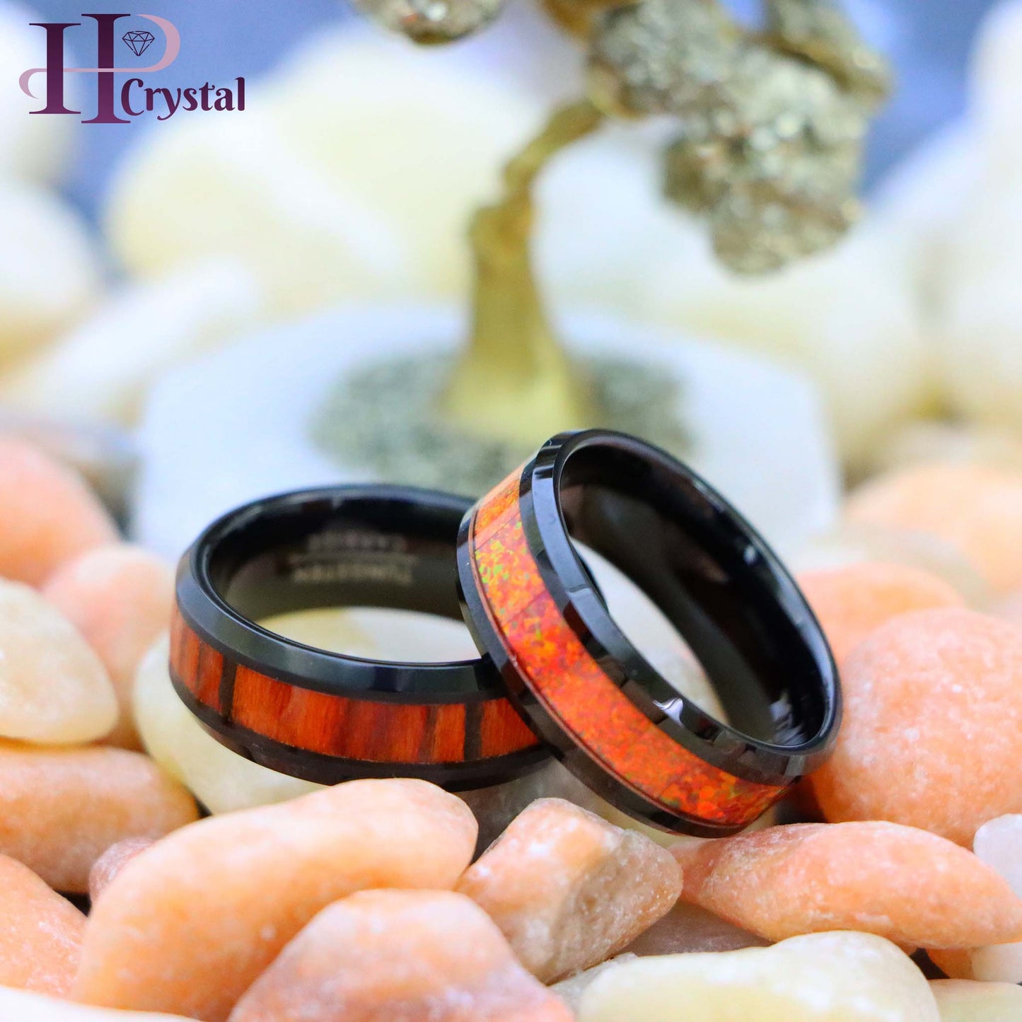 Black IP Plated Tungsten Ring with Synthetic Orange Opal/Dark Mahogany Wood Inlay