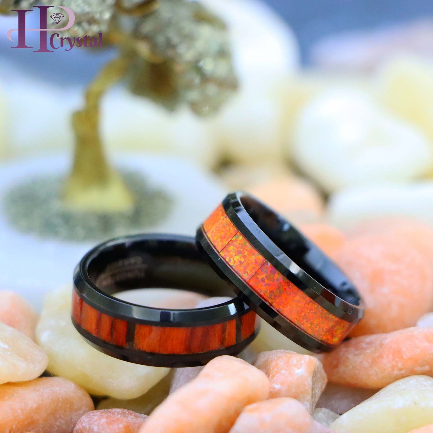 Black IP Plated Tungsten Ring with Synthetic Orange Opal/Dark Mahogany Wood Inlay