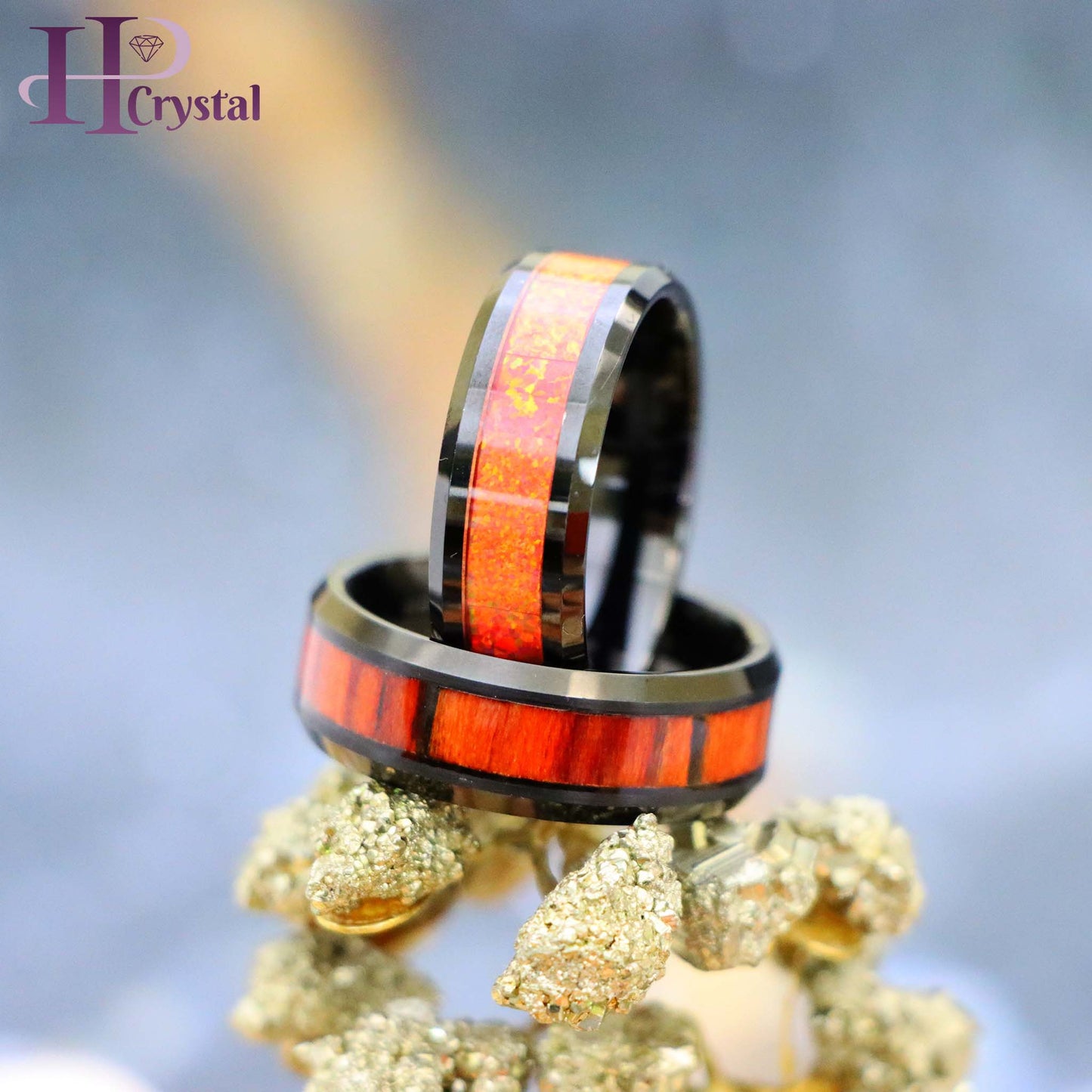 Black IP Plated Tungsten Ring with Synthetic Orange Opal/Dark Mahogany Wood Inlay