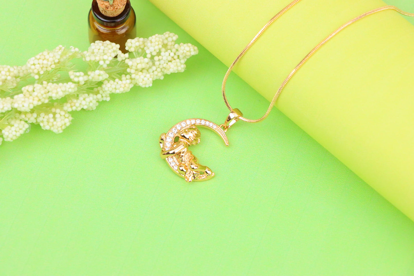 Rose Gold Moon and Angel Pendant with Sparkling CZ Accents, XPPT1234 (2123-10)