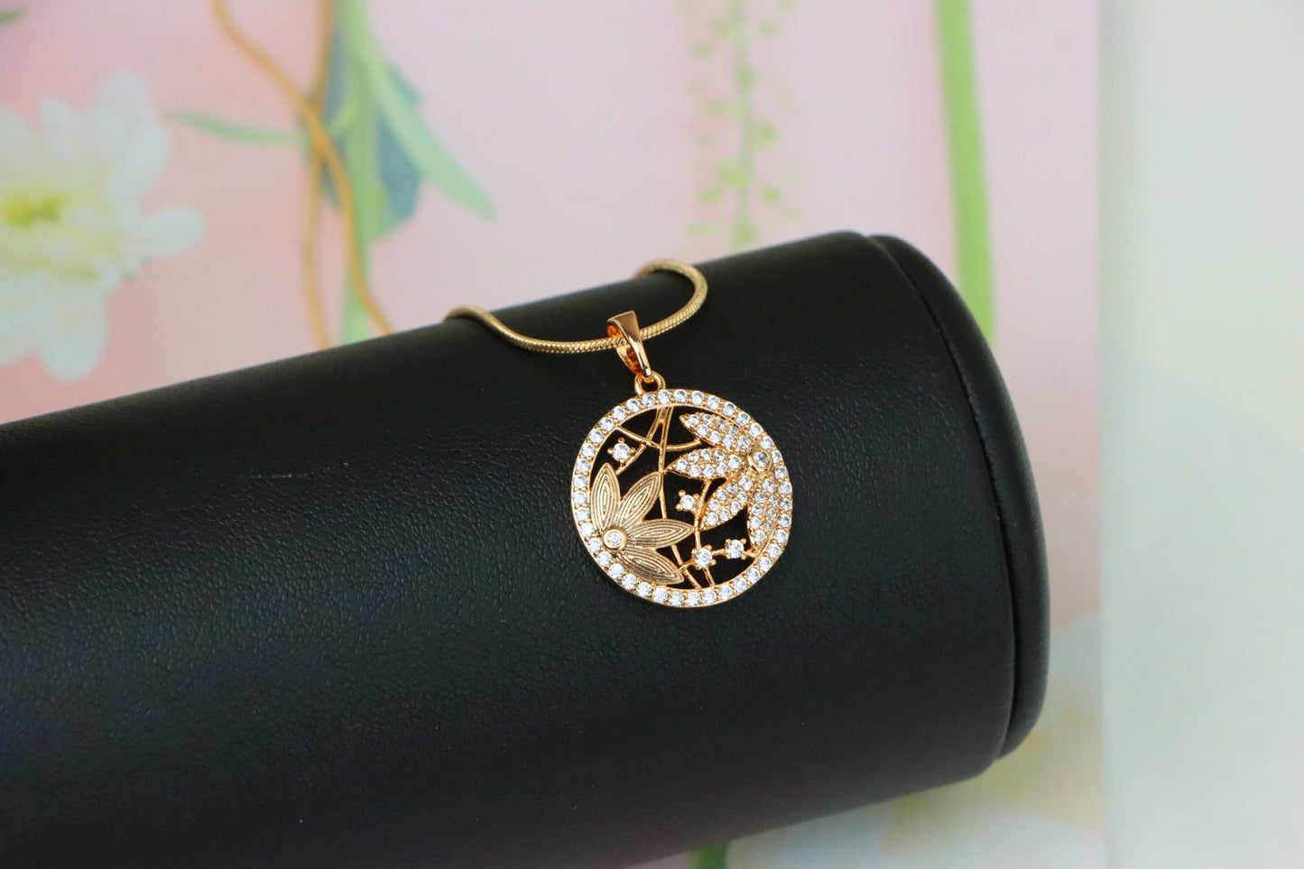 Round Floral Rose Gold Pendant with CZ Accents in Elegant Design, XPPT1236 (2124-2)