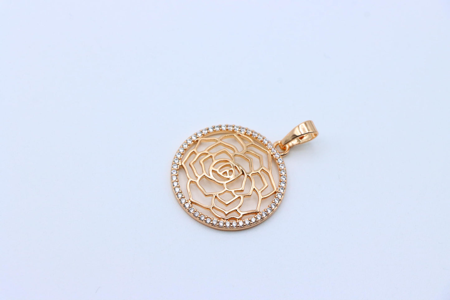 Rose Gold Floral Round Pendant with Cubic Zirconia Halo Accent, XPPT1238 (2124-4)