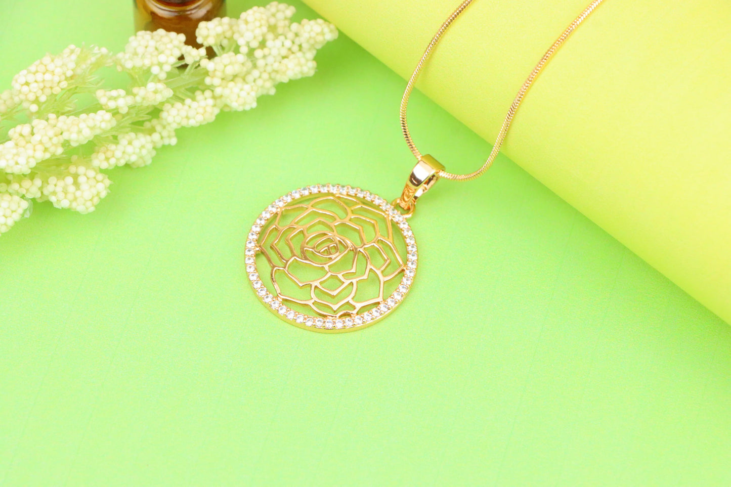 Rose Gold Floral Round Pendant with Cubic Zirconia Halo Accent, XPPT1238 (2124-4)
