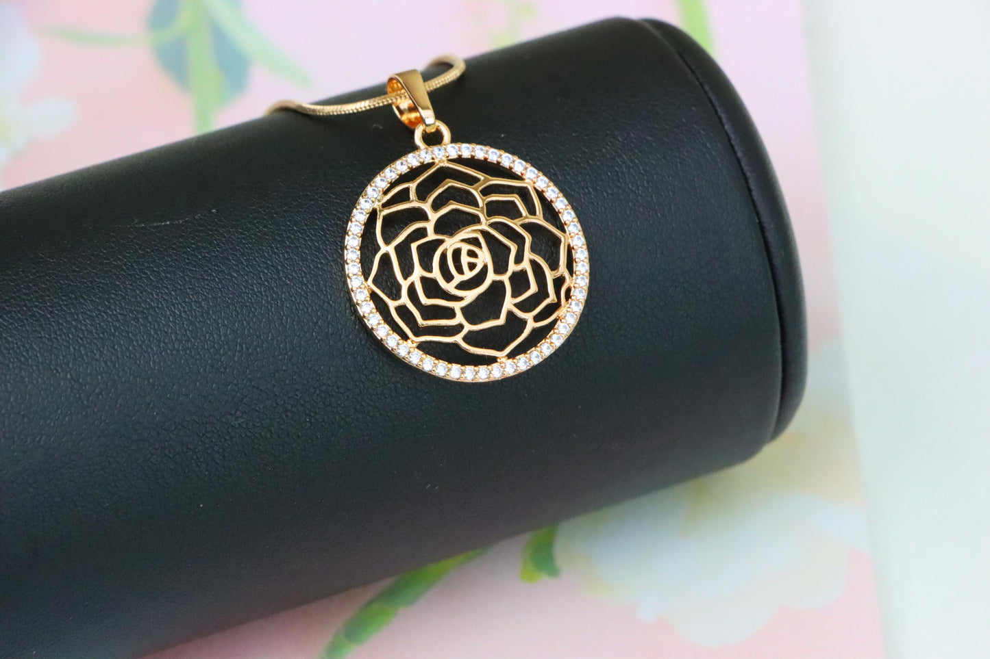Rose Gold Floral Round Pendant with Cubic Zirconia Halo Accent, XPPT1238 (2124-4)