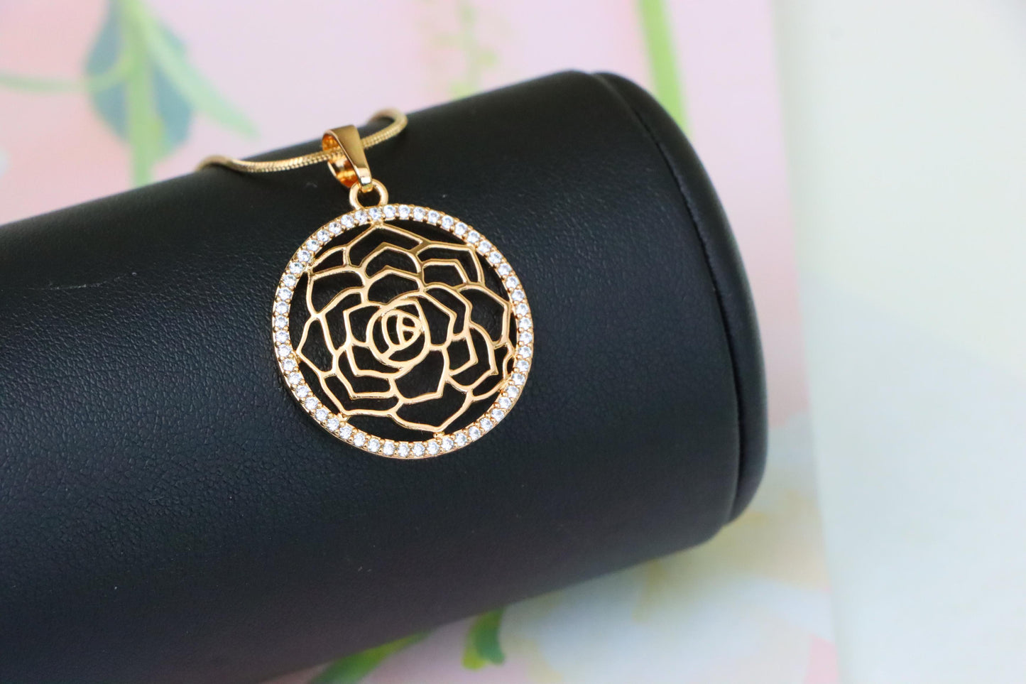 Rose Gold Floral Round Pendant with Cubic Zirconia Halo Accent, XPPT1238 (2124-4)