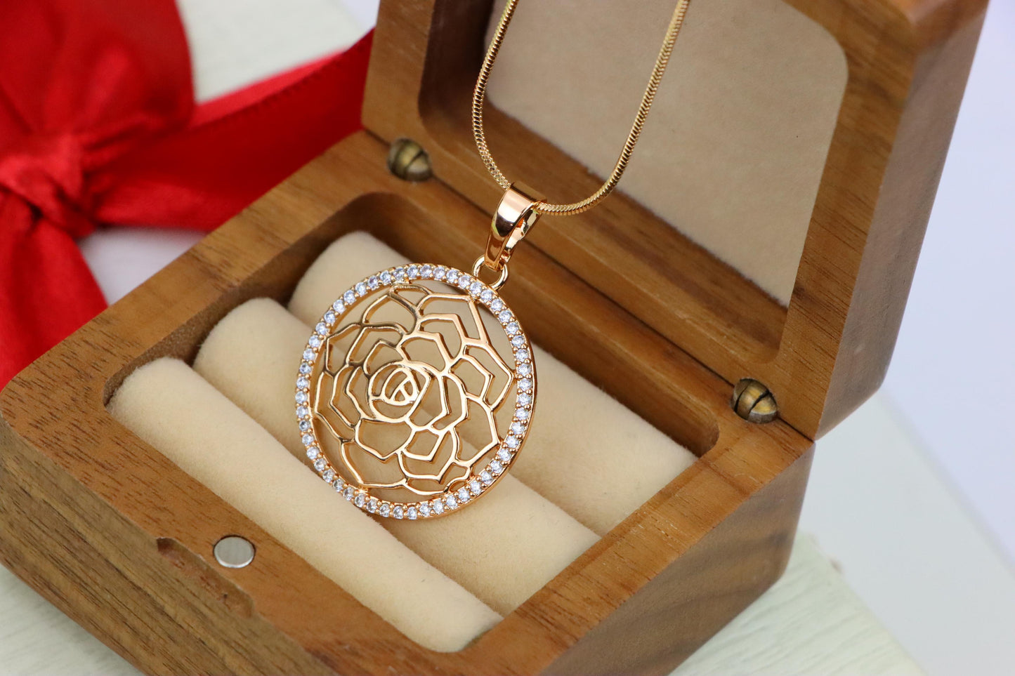 Rose Gold Floral Round Pendant with Cubic Zirconia Halo Accent, XPPT1238 (2124-4)