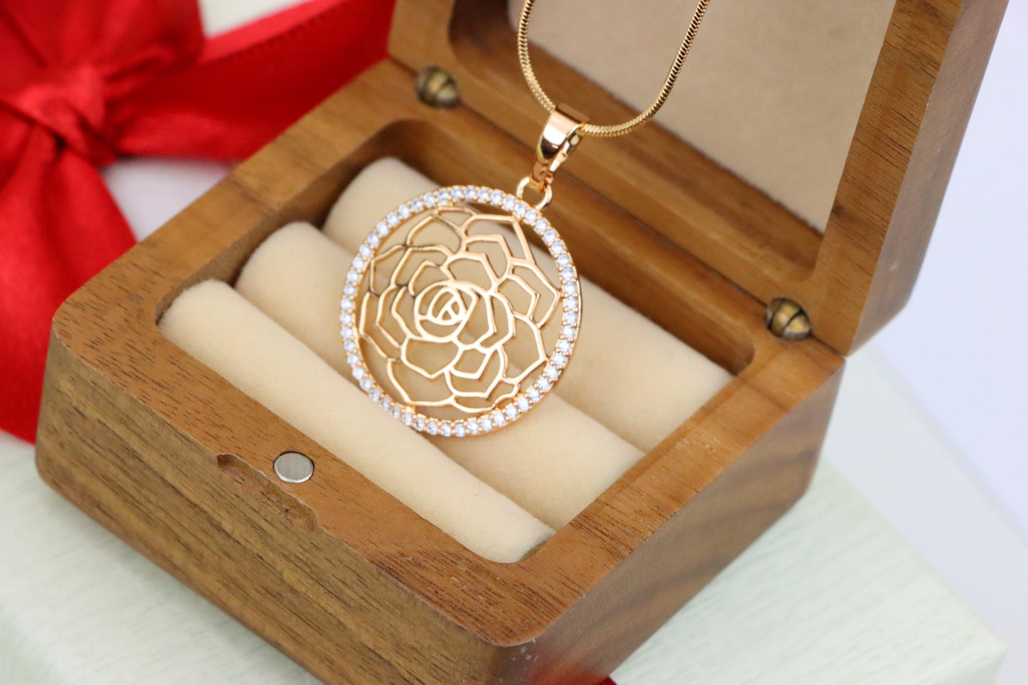 Rose Gold Floral Round Pendant with Cubic Zirconia Halo Accent, XPPT1238 (2124-4)