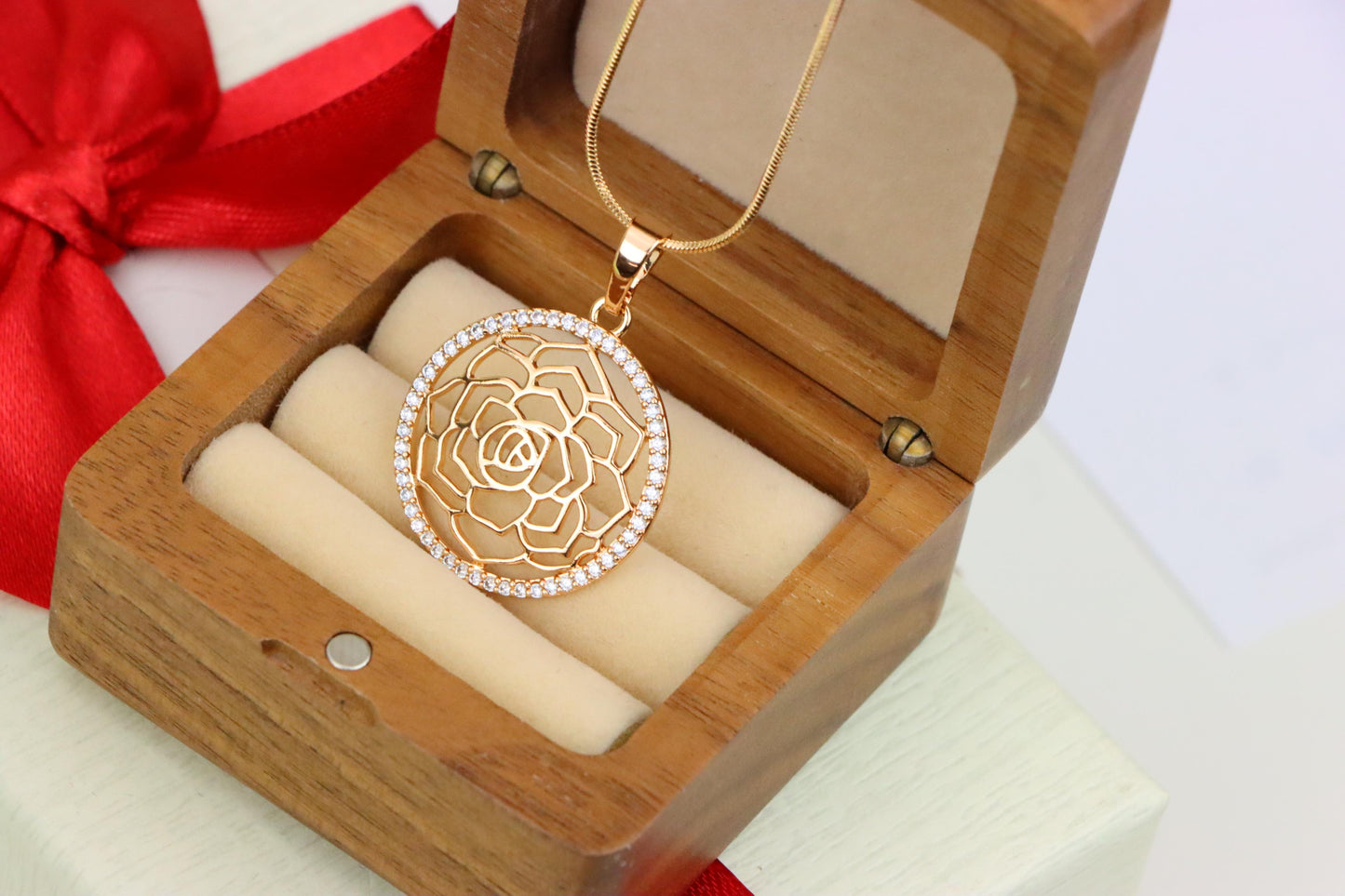 Rose Gold Floral Round Pendant with Cubic Zirconia Halo Accent, XPPT1238 (2124-4)