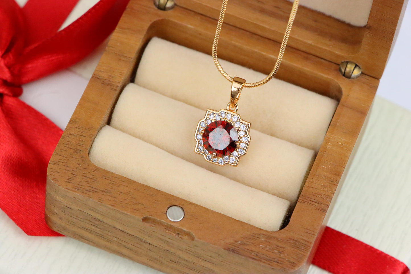Red Round-Cut Halo Pendant in Rose Gold, XPPT1633 (2149-6)