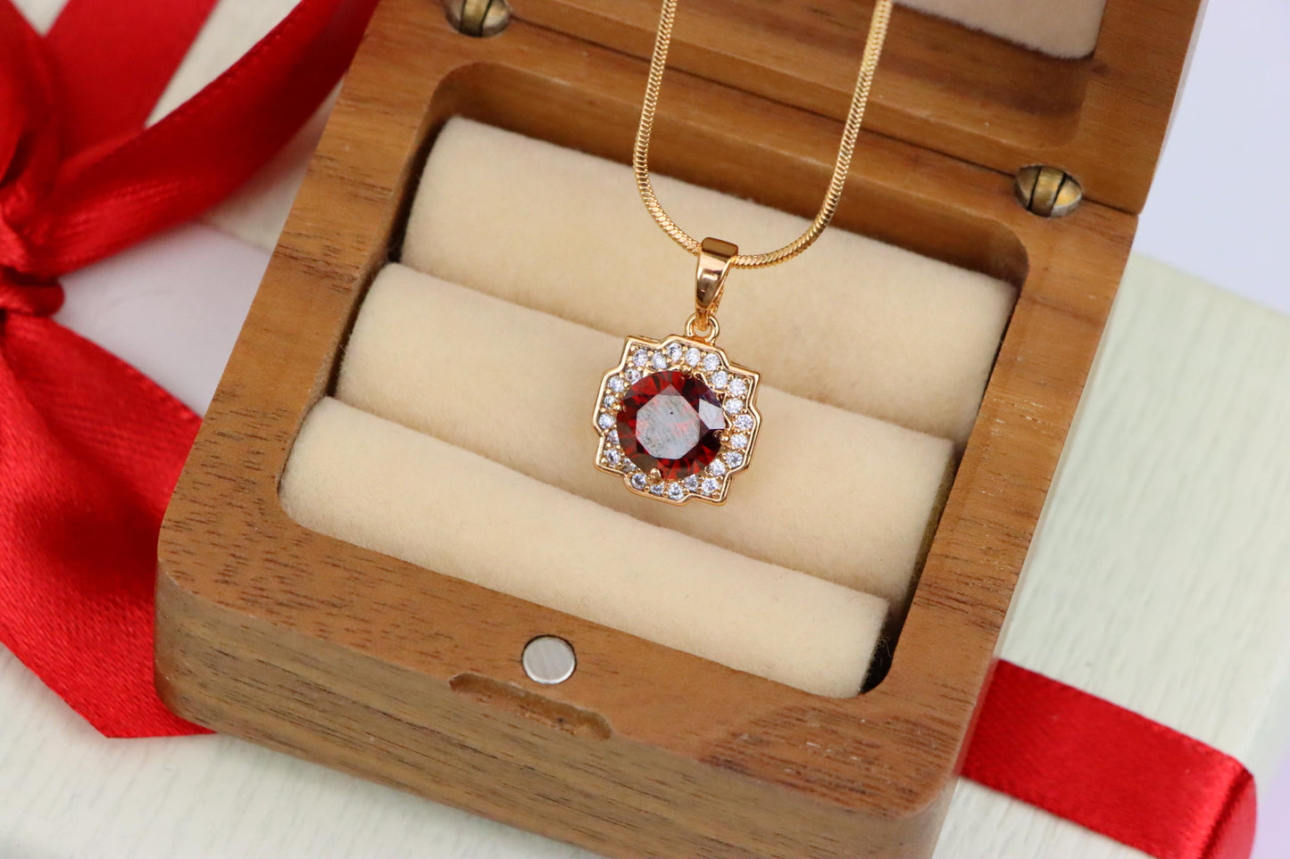 Red Round-Cut Halo Pendant in Rose Gold, XPPT1633 (2149-6)