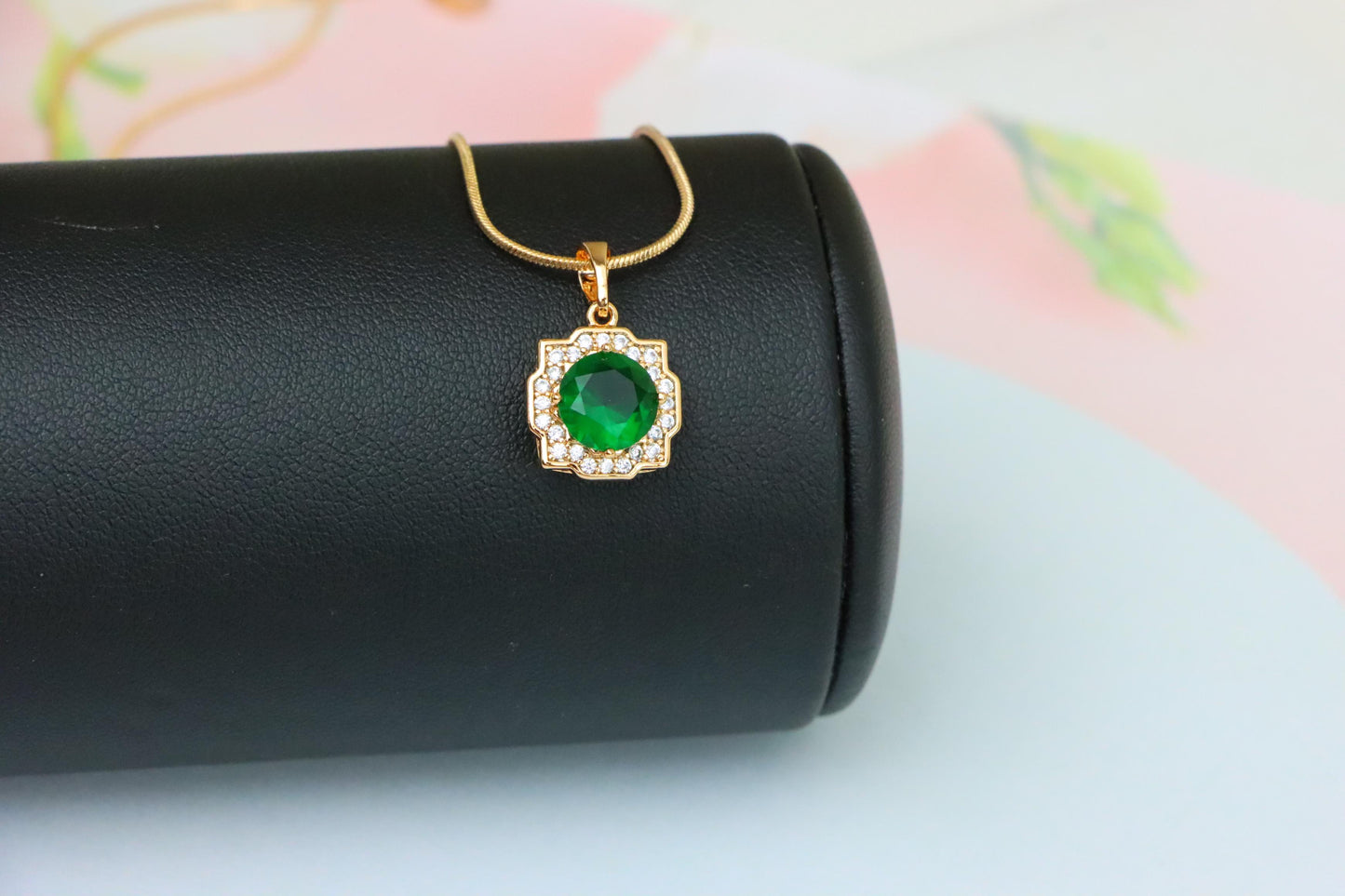 Green Round-Cut Pendant with Halo in Rose Gold, XPPT1634 (2149-6)