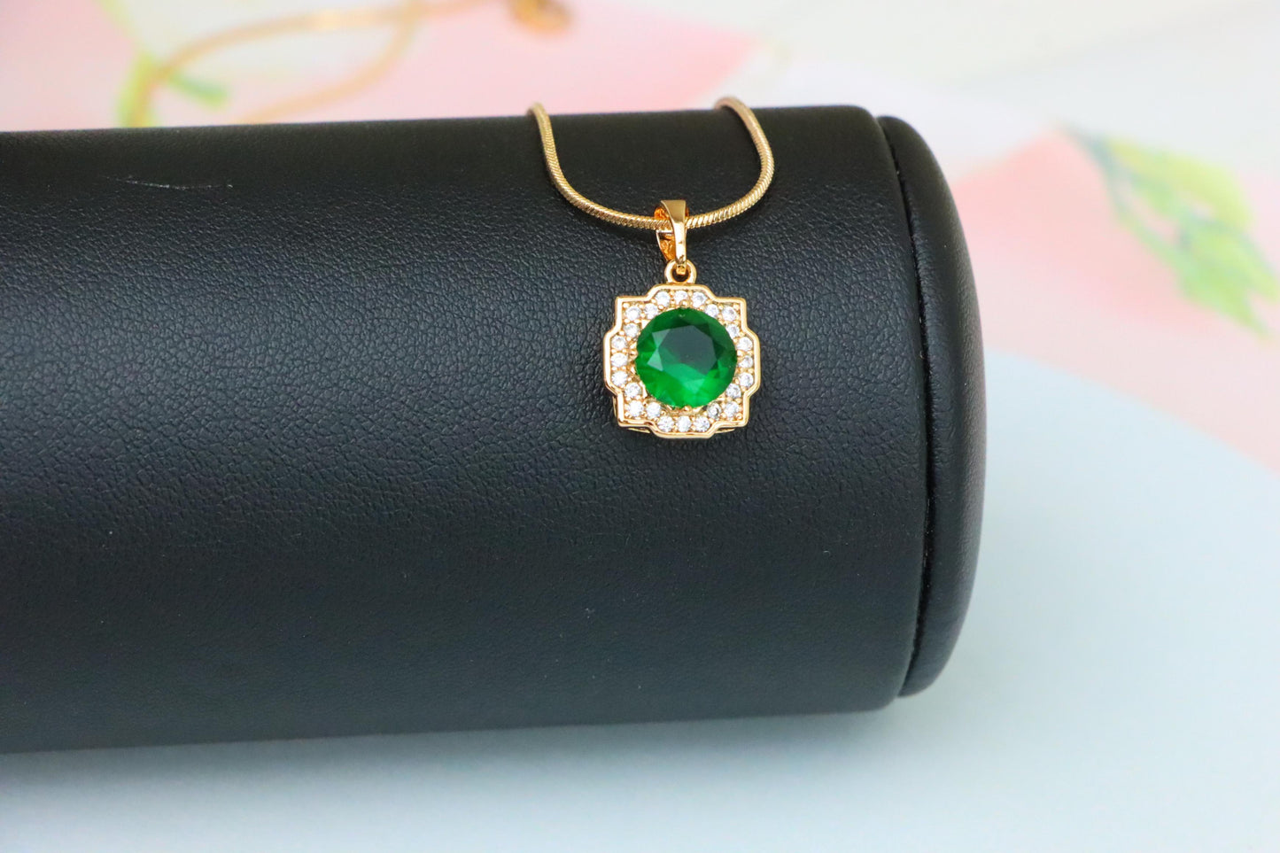 Green Round-Cut Pendant with Halo in Rose Gold, XPPT1634 (2149-6)