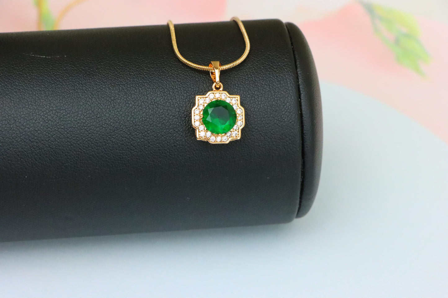 Green Round-Cut Pendant with Halo in Rose Gold, XPPT1634 (2149-6)