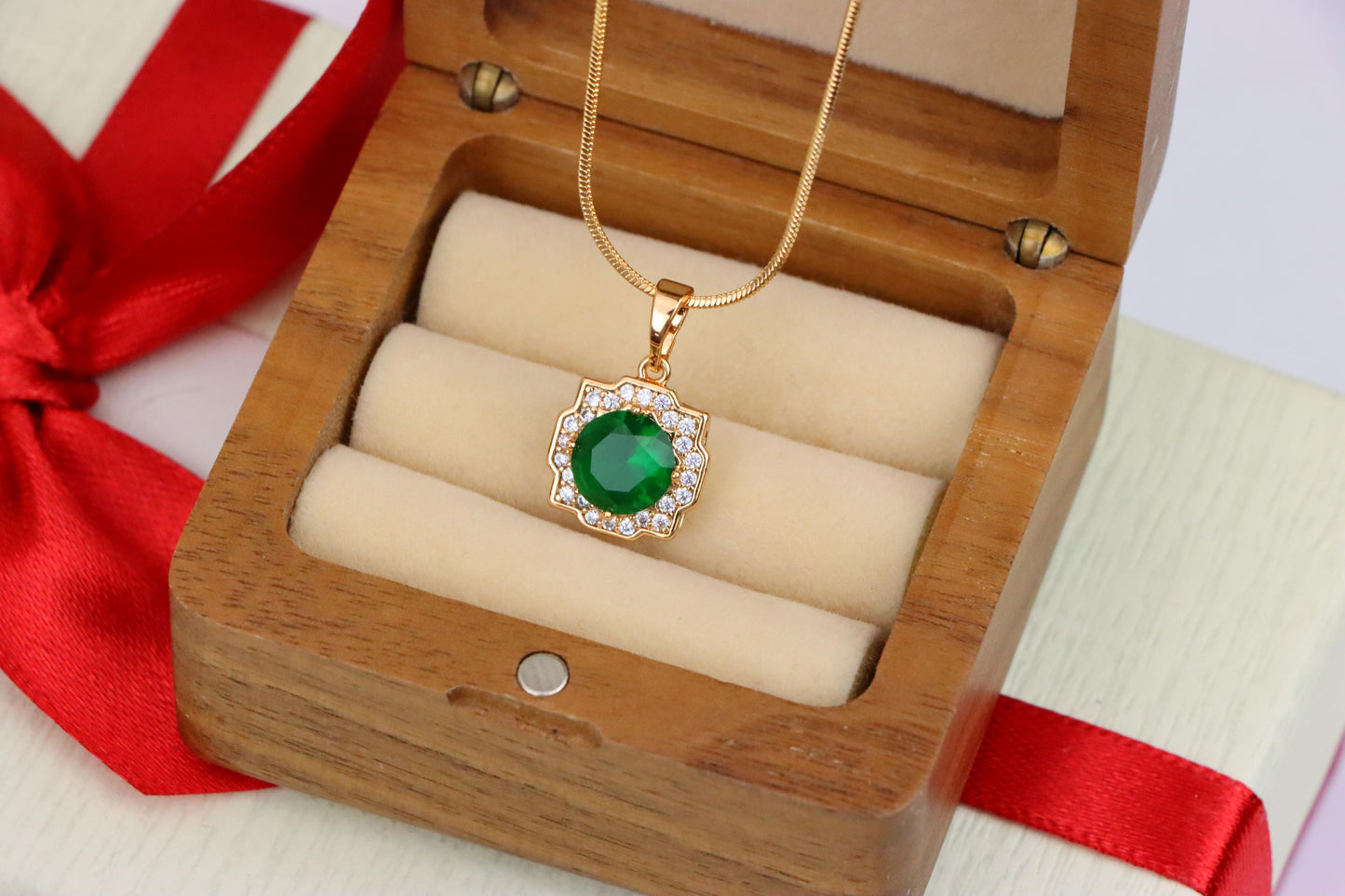 Green Round-Cut Pendant with Halo in Rose Gold, XPPT1634 (2149-6)
