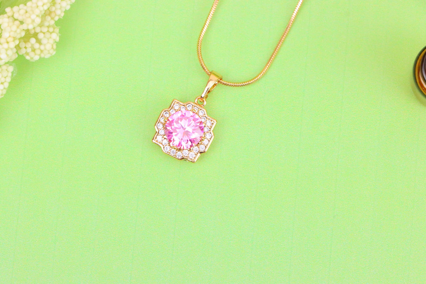 Pink Round Pendant with Sparkling Halo in Rose Gold, XPPT1636 (2149-6)