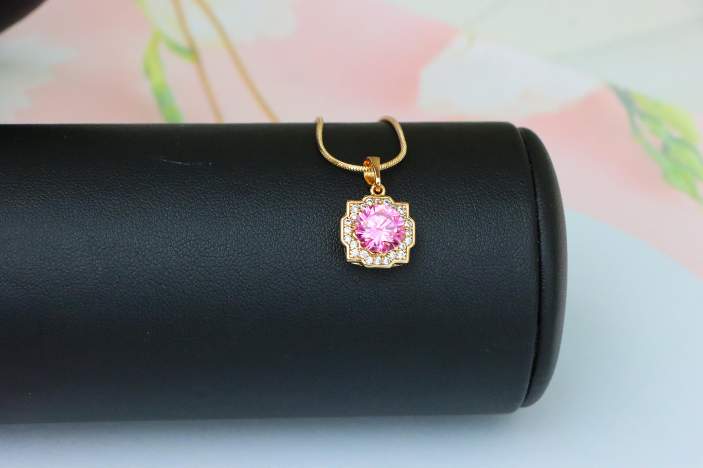 Pink Round Pendant with Sparkling Halo in Rose Gold, XPPT1636 (2149-6)