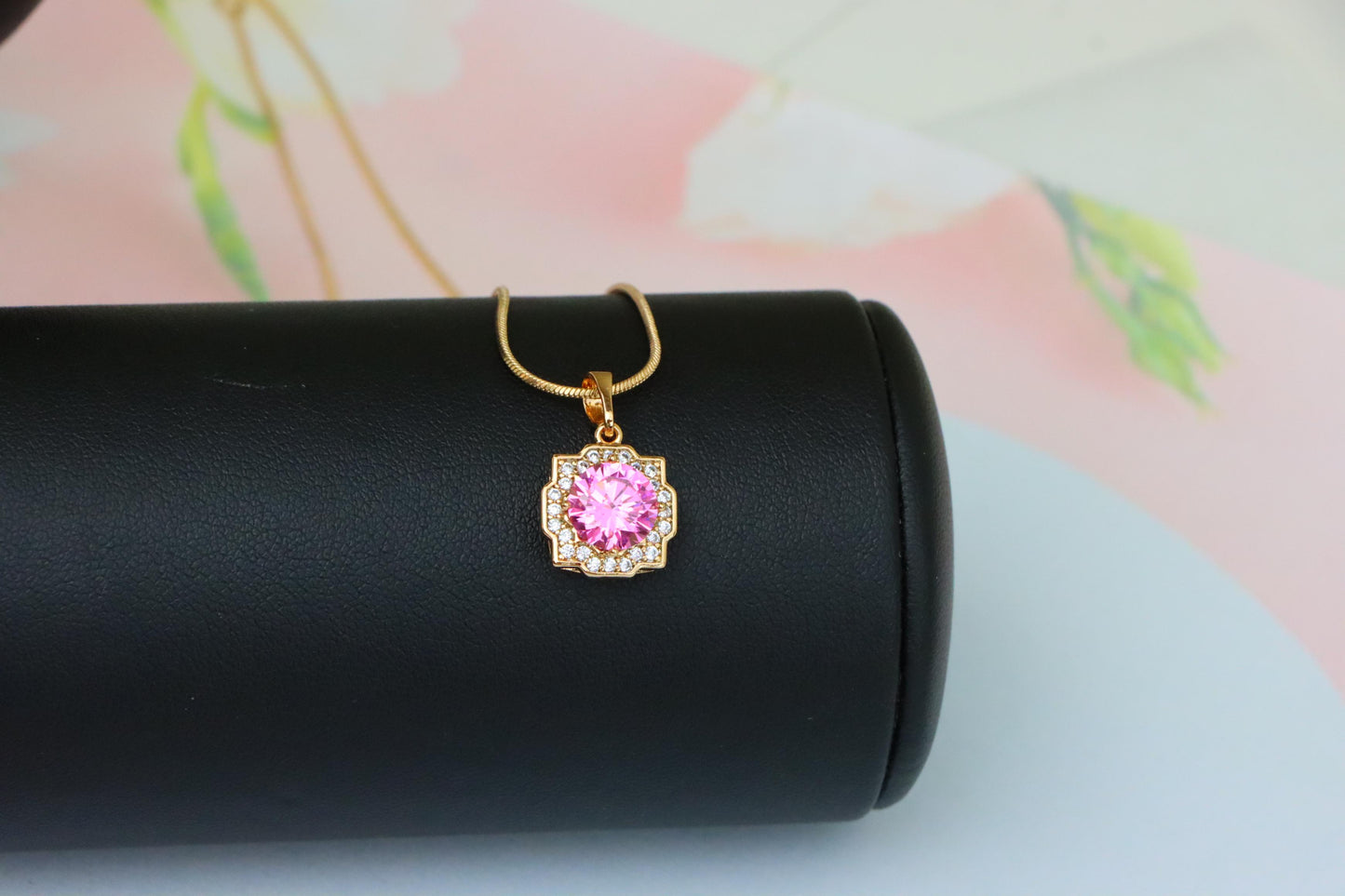 Pink Round Pendant with Sparkling Halo in Rose Gold, XPPT1636 (2149-6)