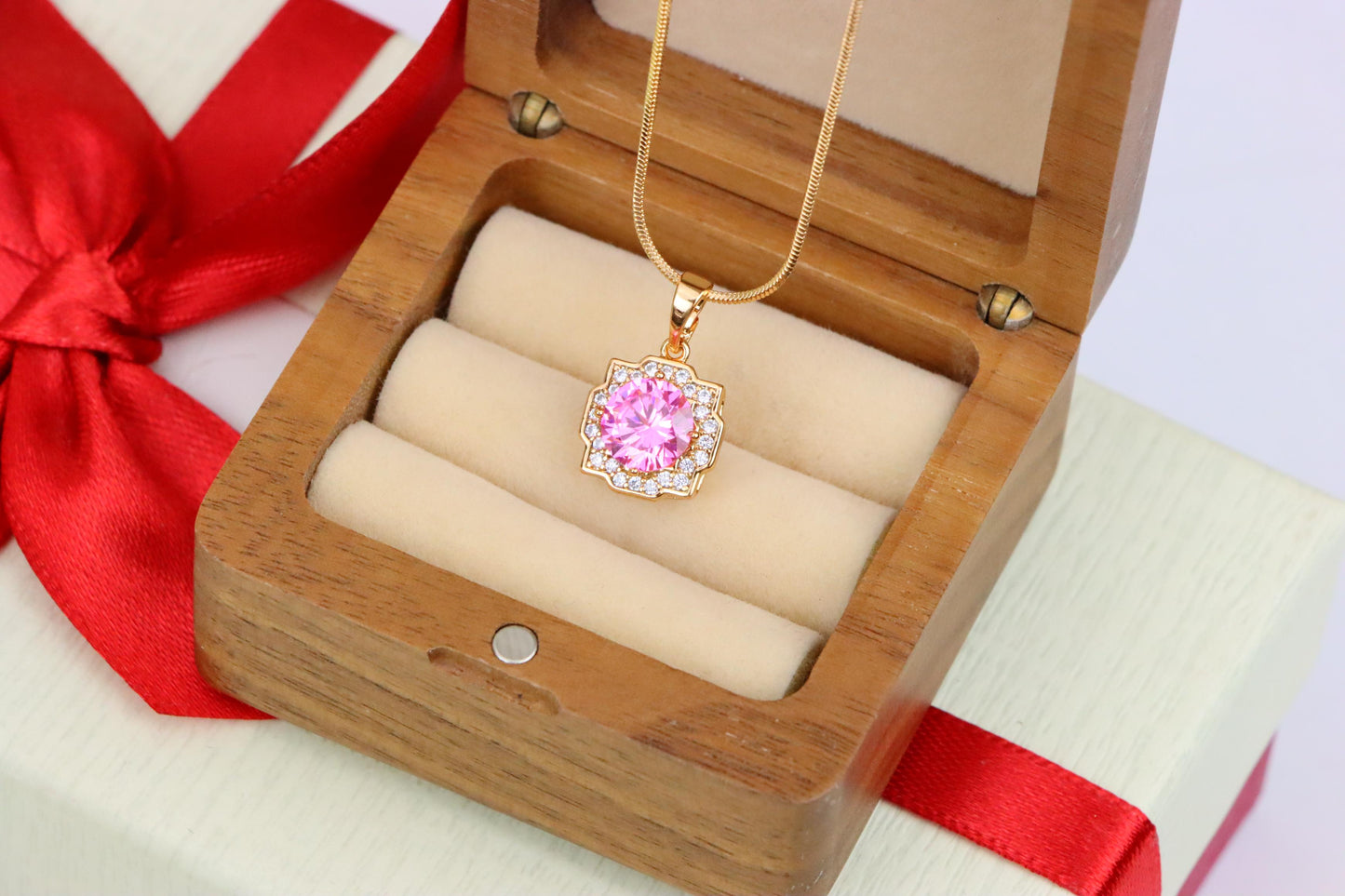 Pink Round Pendant with Sparkling Halo in Rose Gold, XPPT1636 (2149-6)