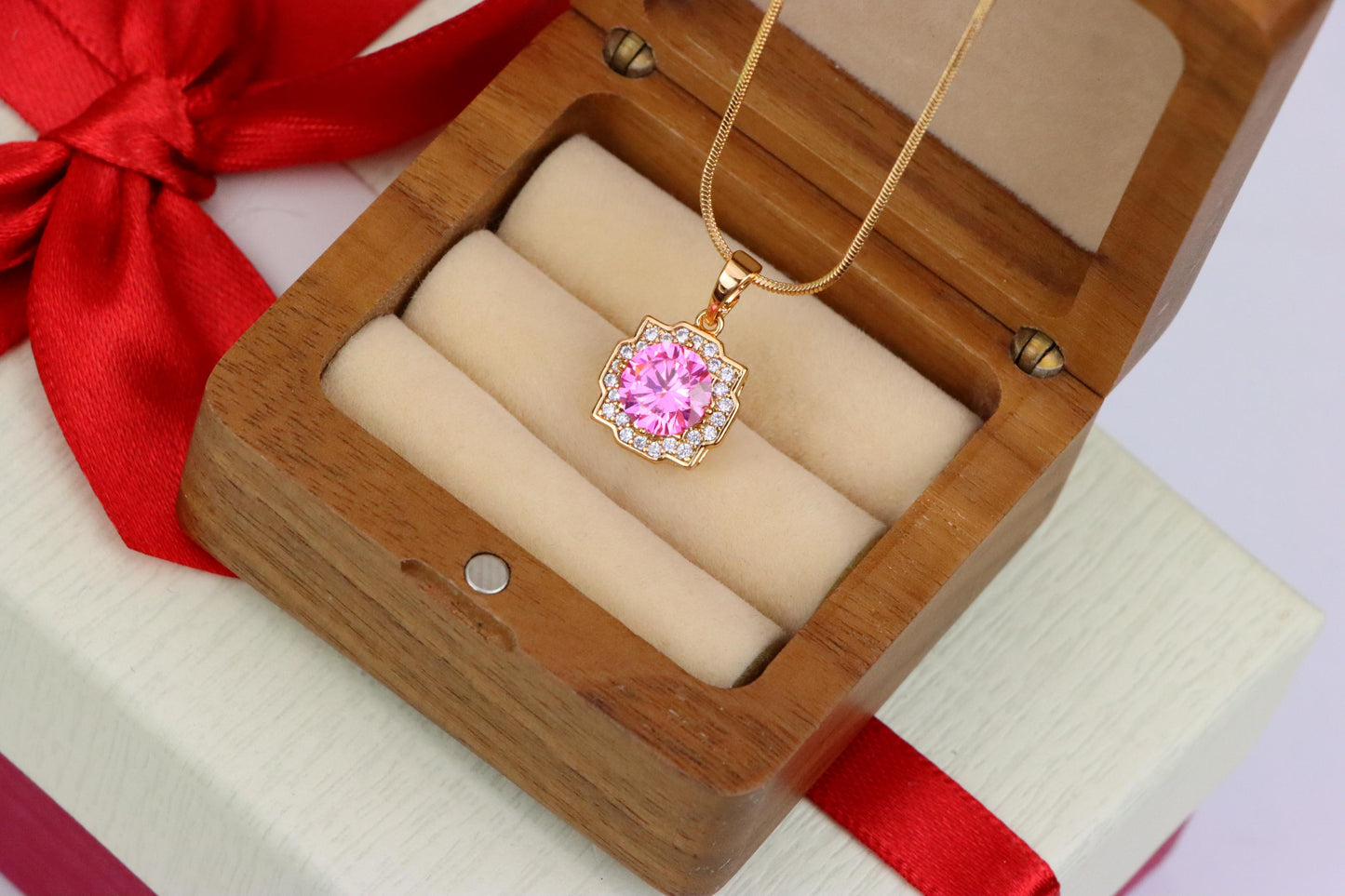 Pink Round Pendant with Sparkling Halo in Rose Gold, XPPT1636 (2149-6)