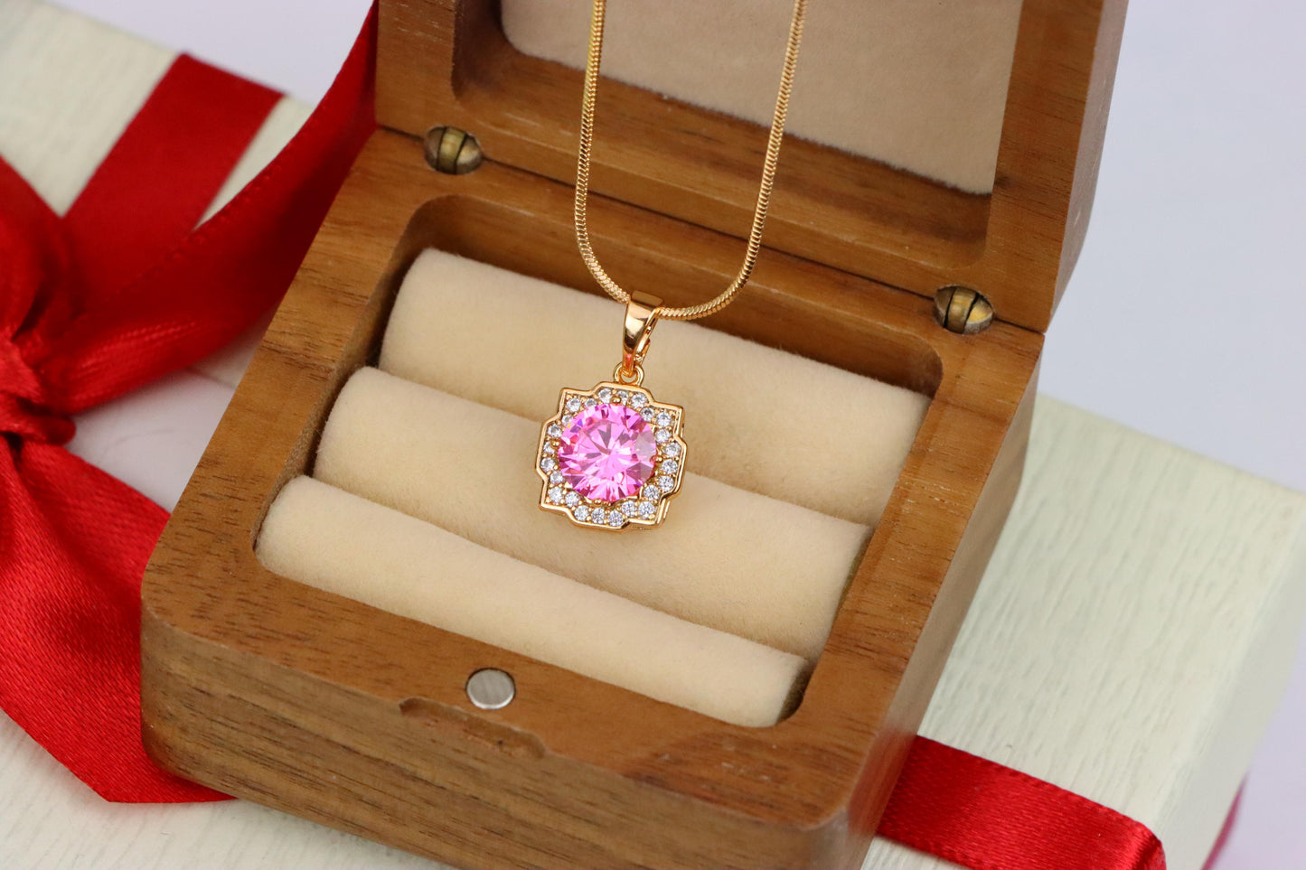 Pink Round Pendant with Sparkling Halo in Rose Gold, XPPT1636 (2149-6)