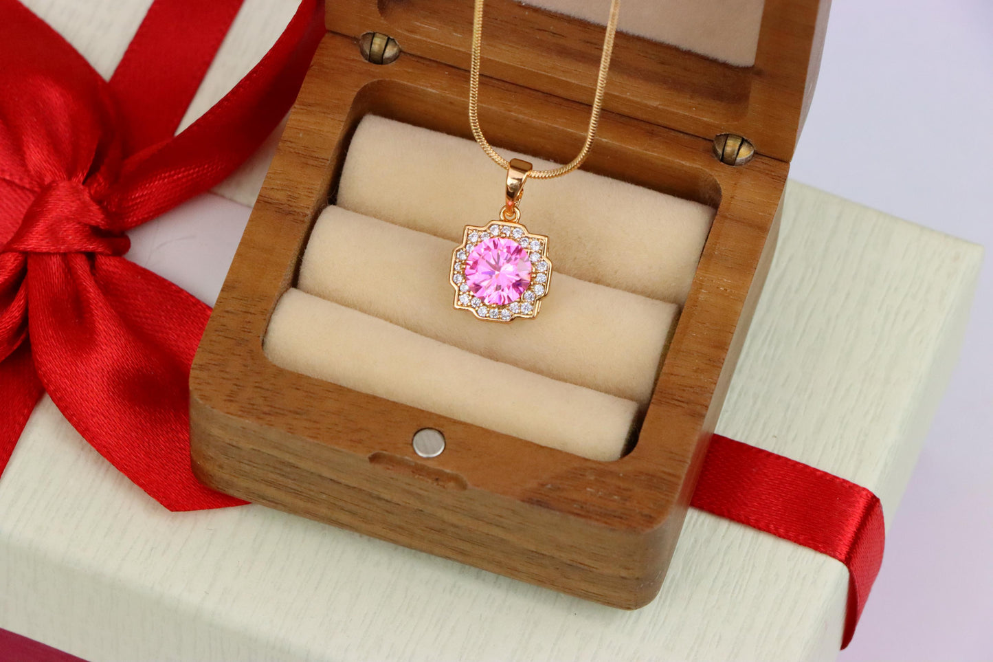 Pink Round Pendant with Sparkling Halo in Rose Gold, XPPT1636 (2149-6)
