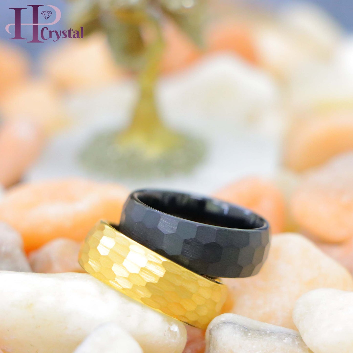 Black IP Plated Brushed Chiseled Center/Yellow Gold IP Hammered Finish Tungsten Ring