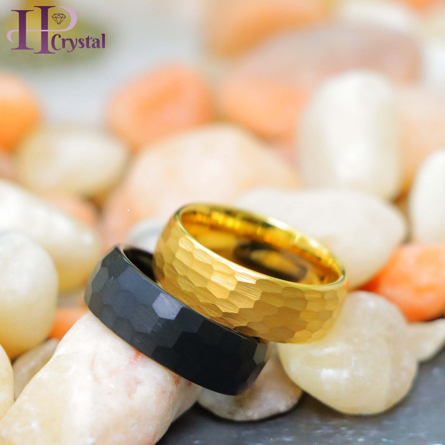 Black IP Plated Brushed Chiseled Center/Yellow Gold IP Hammered Finish Tungsten Ring