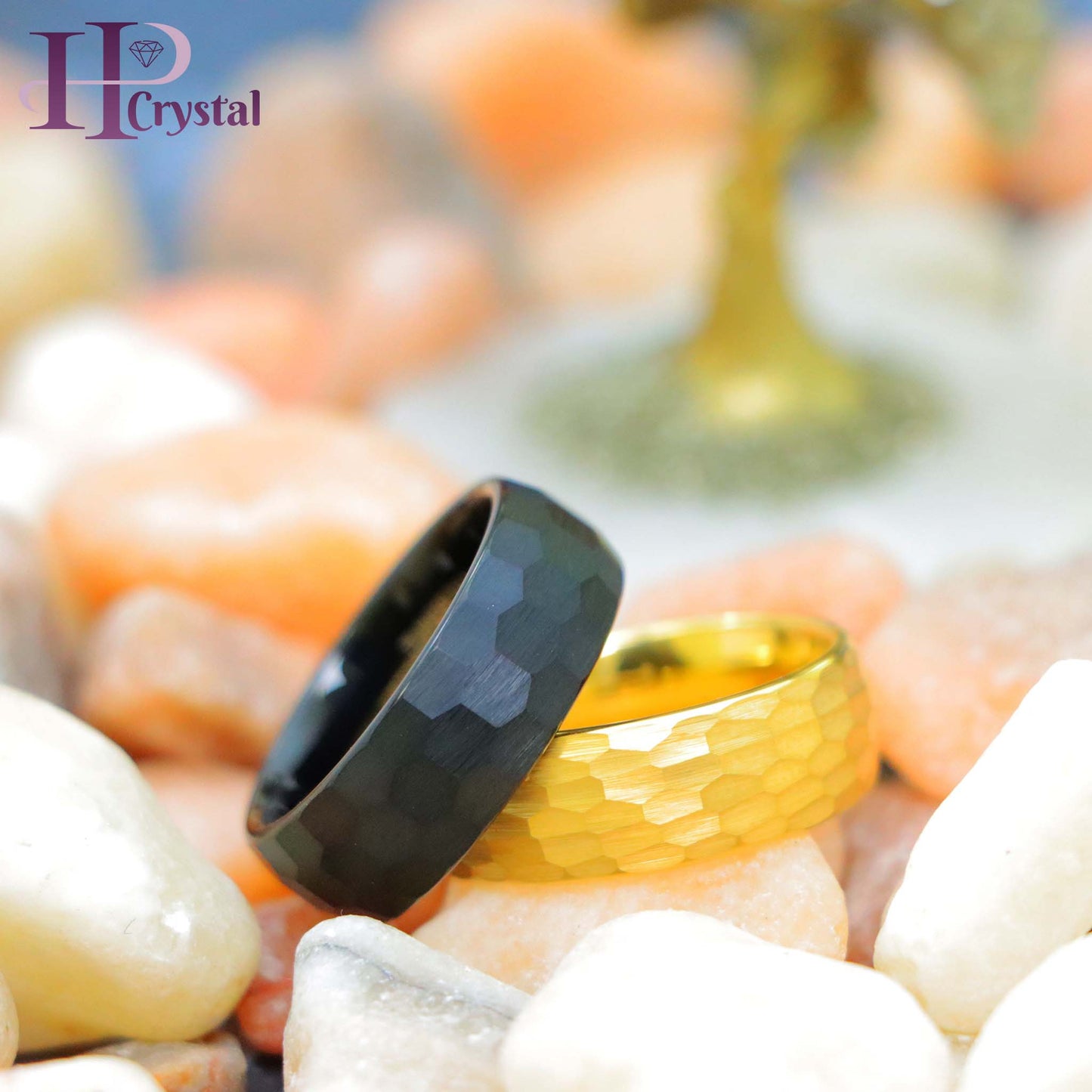 Black IP Plated Brushed Chiseled Center/Yellow Gold IP Hammered Finish Tungsten Ring