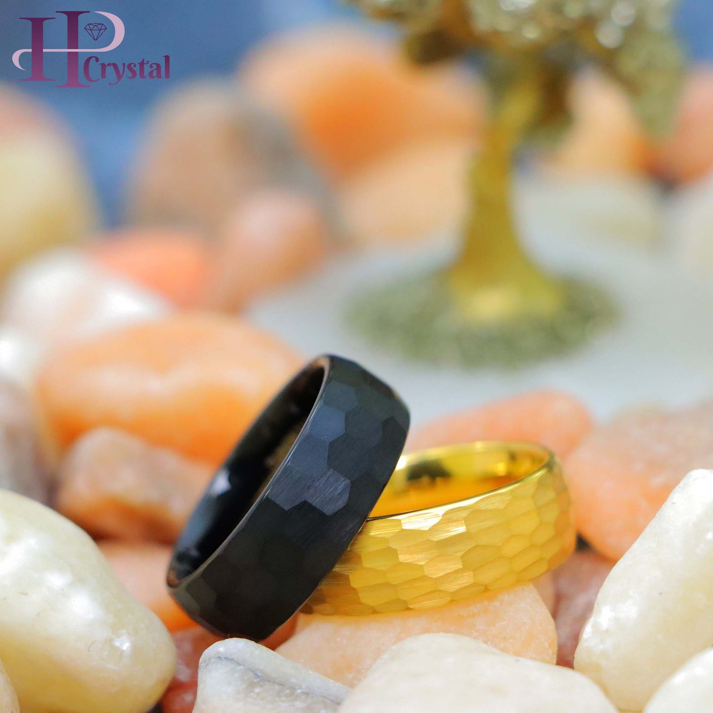 Black IP Plated Brushed Chiseled Center/Yellow Gold IP Hammered Finish Tungsten Ring