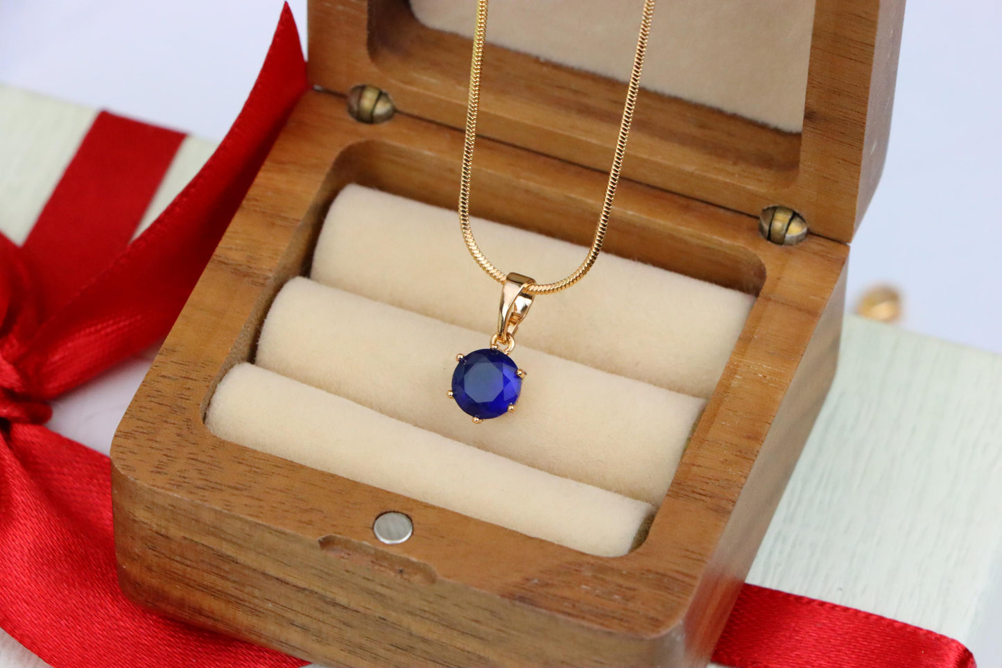 Round Blue Gemstone Pendant in Gold Finish – Simple Charm, XPPT1645 (2149-7)