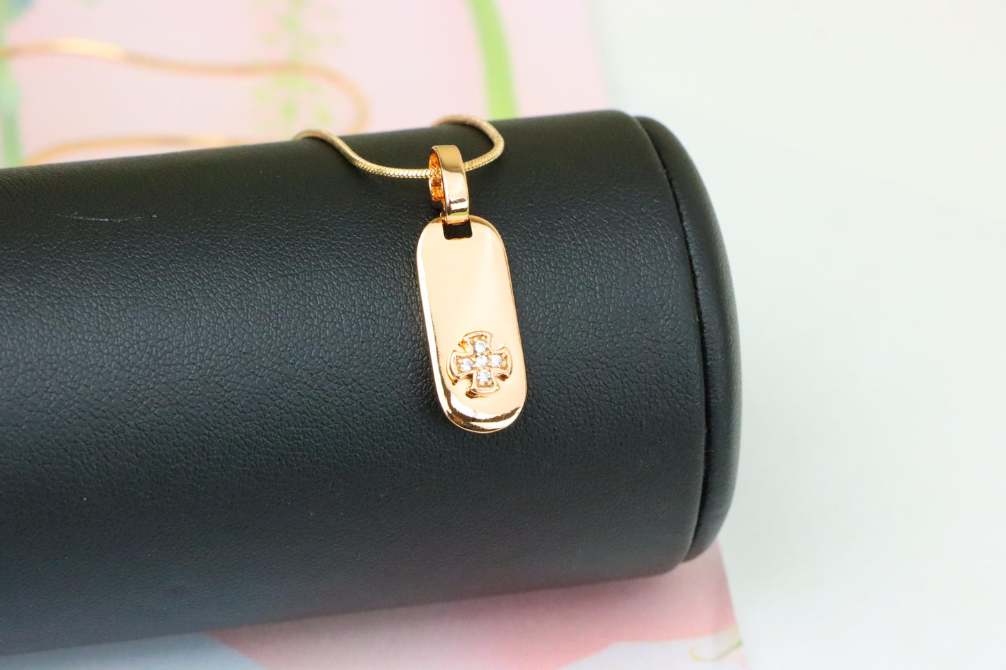 Rose Gold Bar Pendant with Mini Cross and Crystal Accents, XPPT1253 (2125-9)