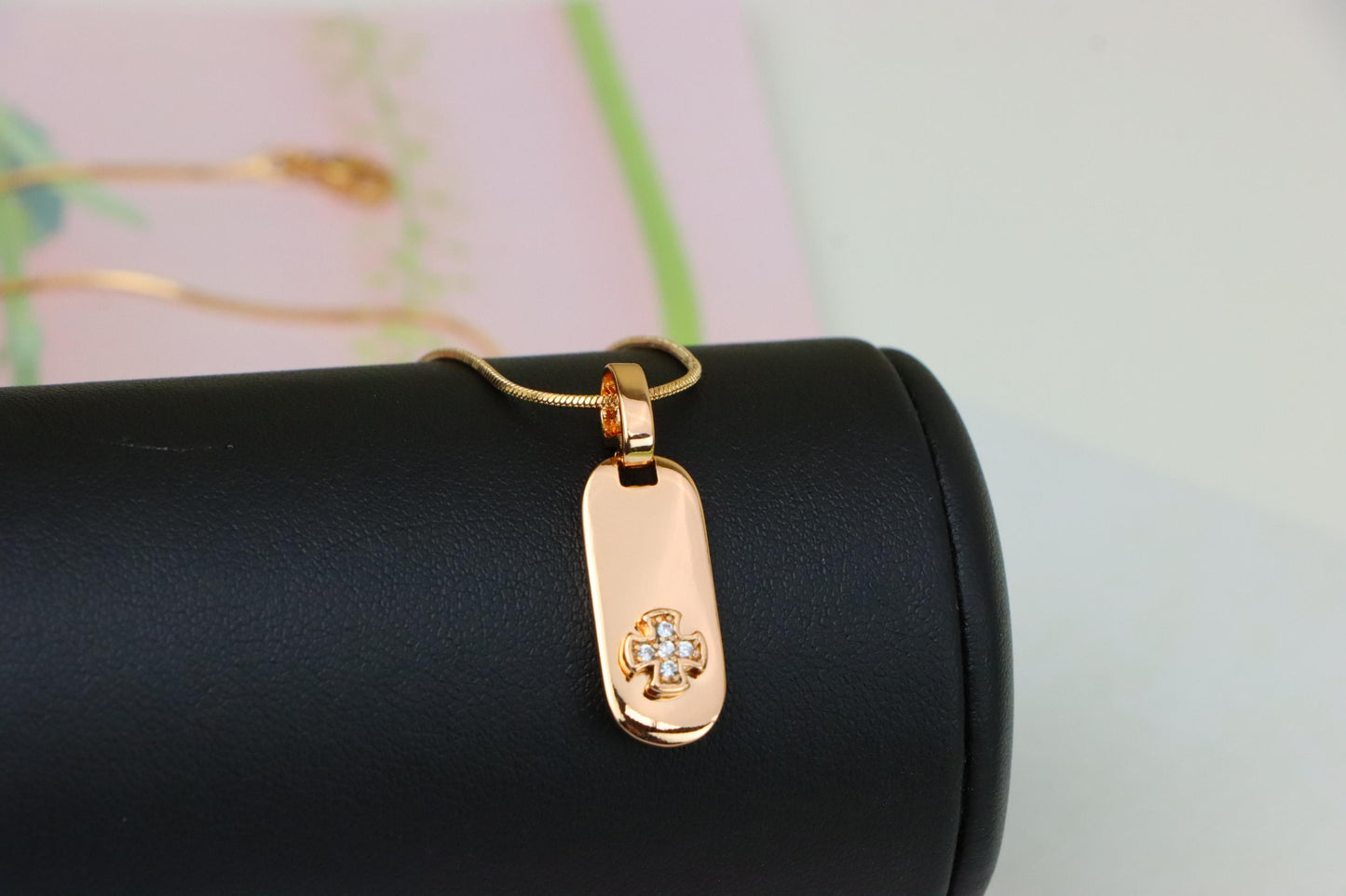 Rose Gold Bar Pendant with Mini Cross and Crystal Accents, XPPT1253 (2125-9)