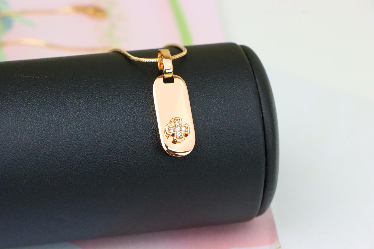 Rose Gold Bar Pendant with Mini Cross and Crystal Accents, XPPT1253 (2125-9)