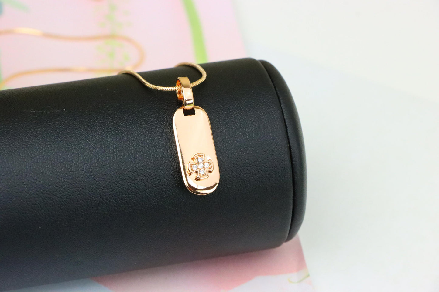 Rose Gold Bar Pendant with Mini Cross and Crystal Accents, XPPT1253 (2125-9)